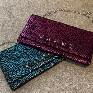Betsey Johnson Large Clutch Blue & Pink‎ Leopard Studded Chain Strap Evening Bag